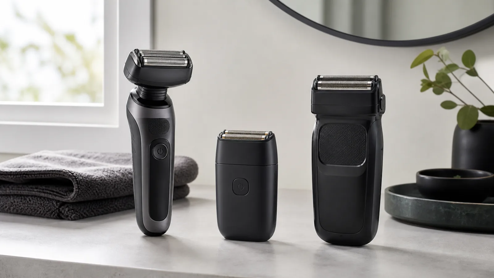 Electric foil shavers on a bathroom counter