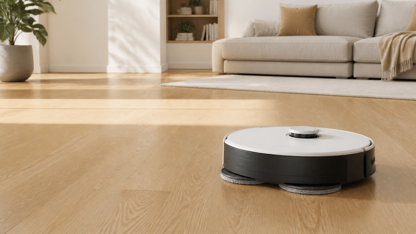 Unbranded robot vacuum and mop in a bright living room