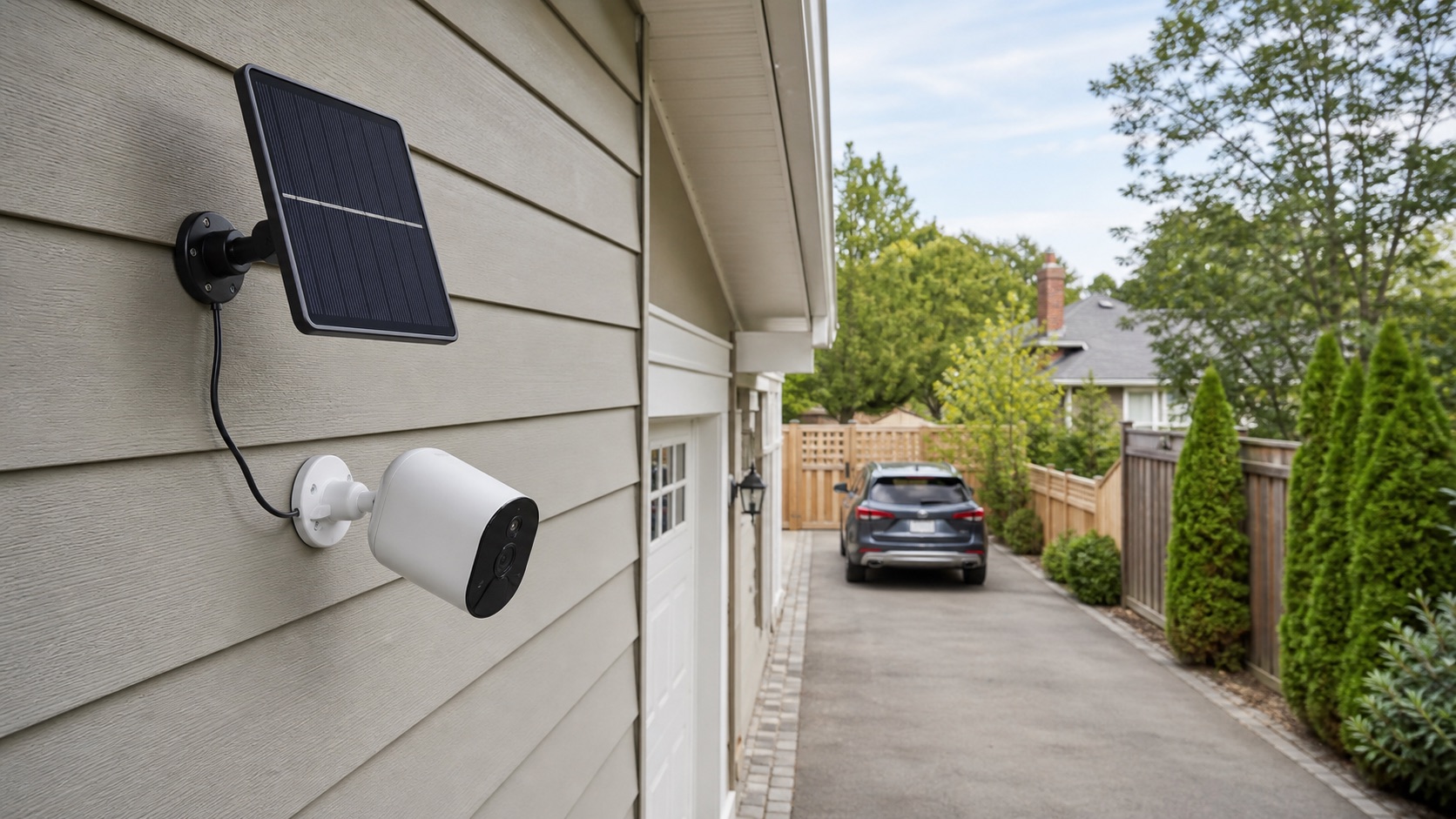 Solar security camera overlooking a driveway