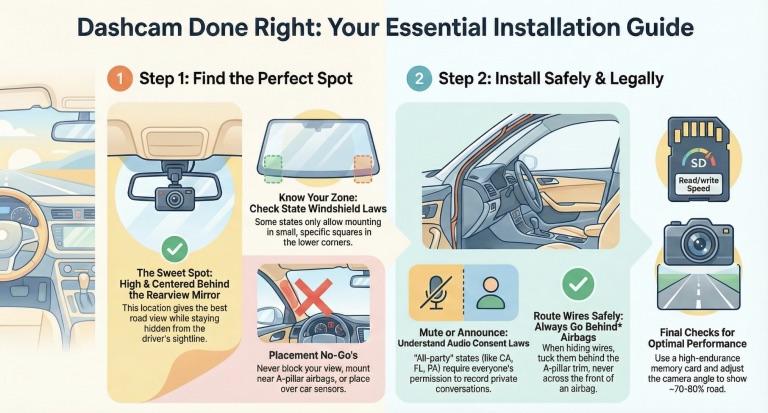 Dash cam installation guide showing placement wiring and memory card checks