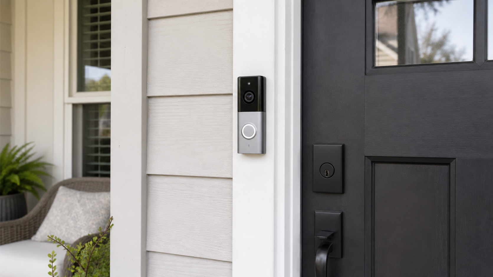 Video doorbell installed beside a front door